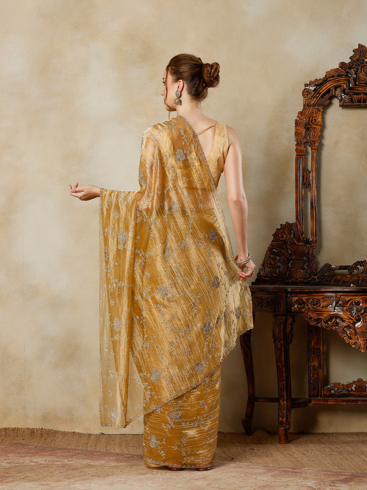 Golden Beige Embroidered Tissue Saree
