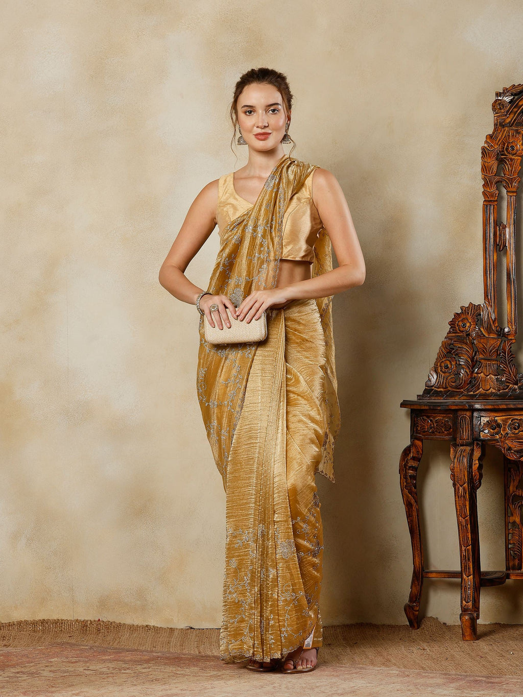 Golden Beige Embroidered Tissue Saree