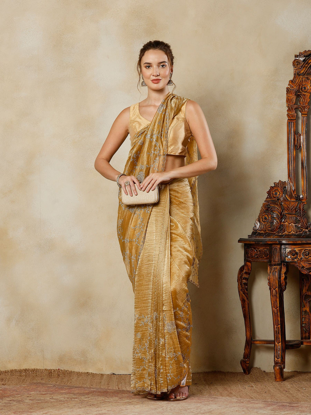Golden Beige Embroidered Tissue Saree