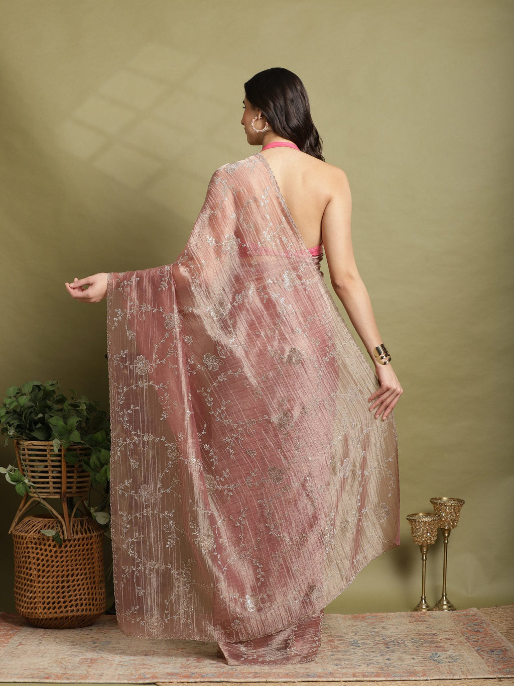 Mauve Embroidered Tissue Saree
