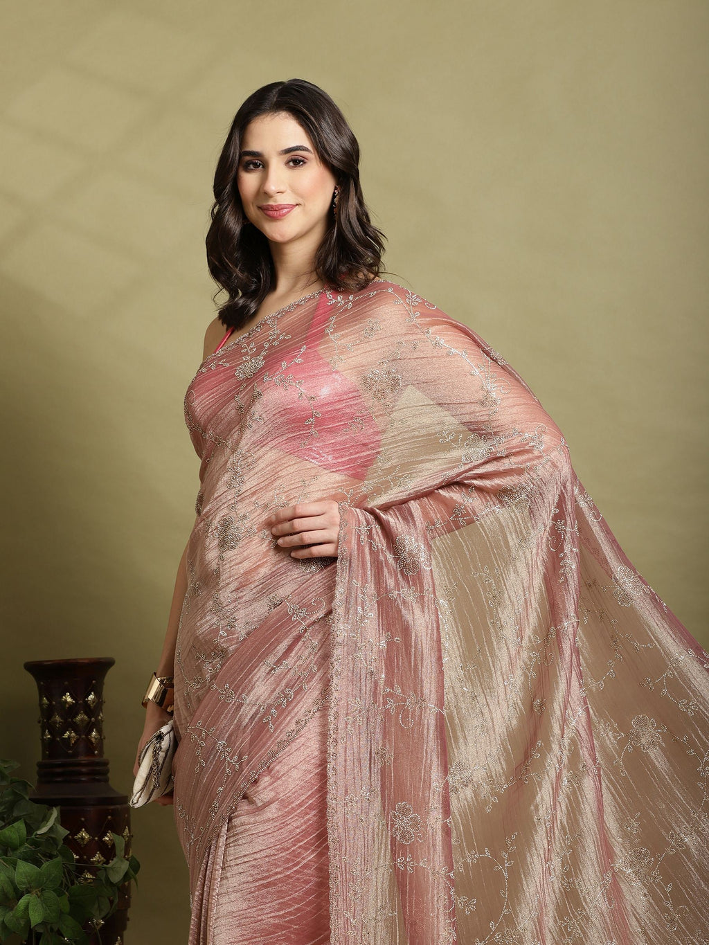 Mauve Embroidered Tissue Saree