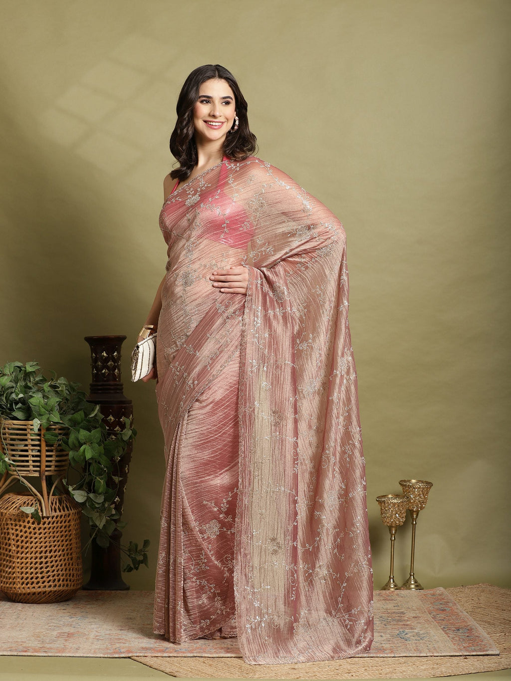 Mauve Embroidered Tissue Saree