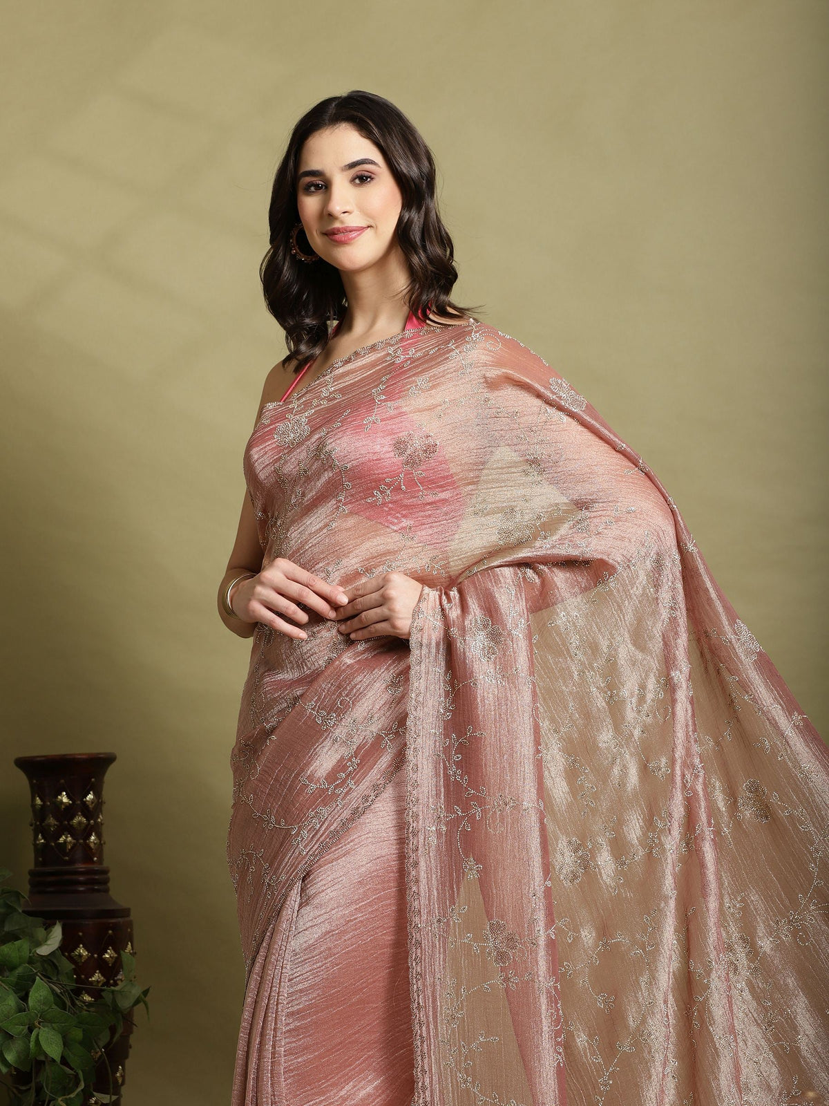 Onion Pink Embroidered Tissue Saree