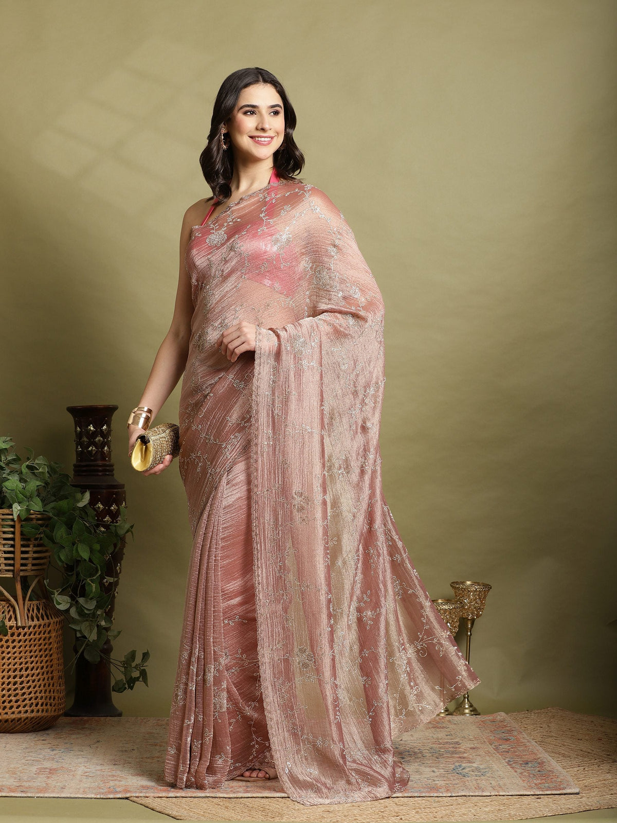 Onion Pink Embroidered Tissue Saree