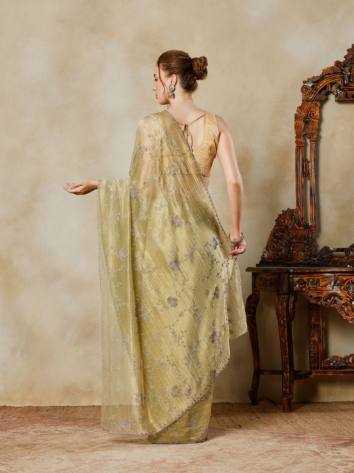 Pista Green Embroidered Tissue Saree