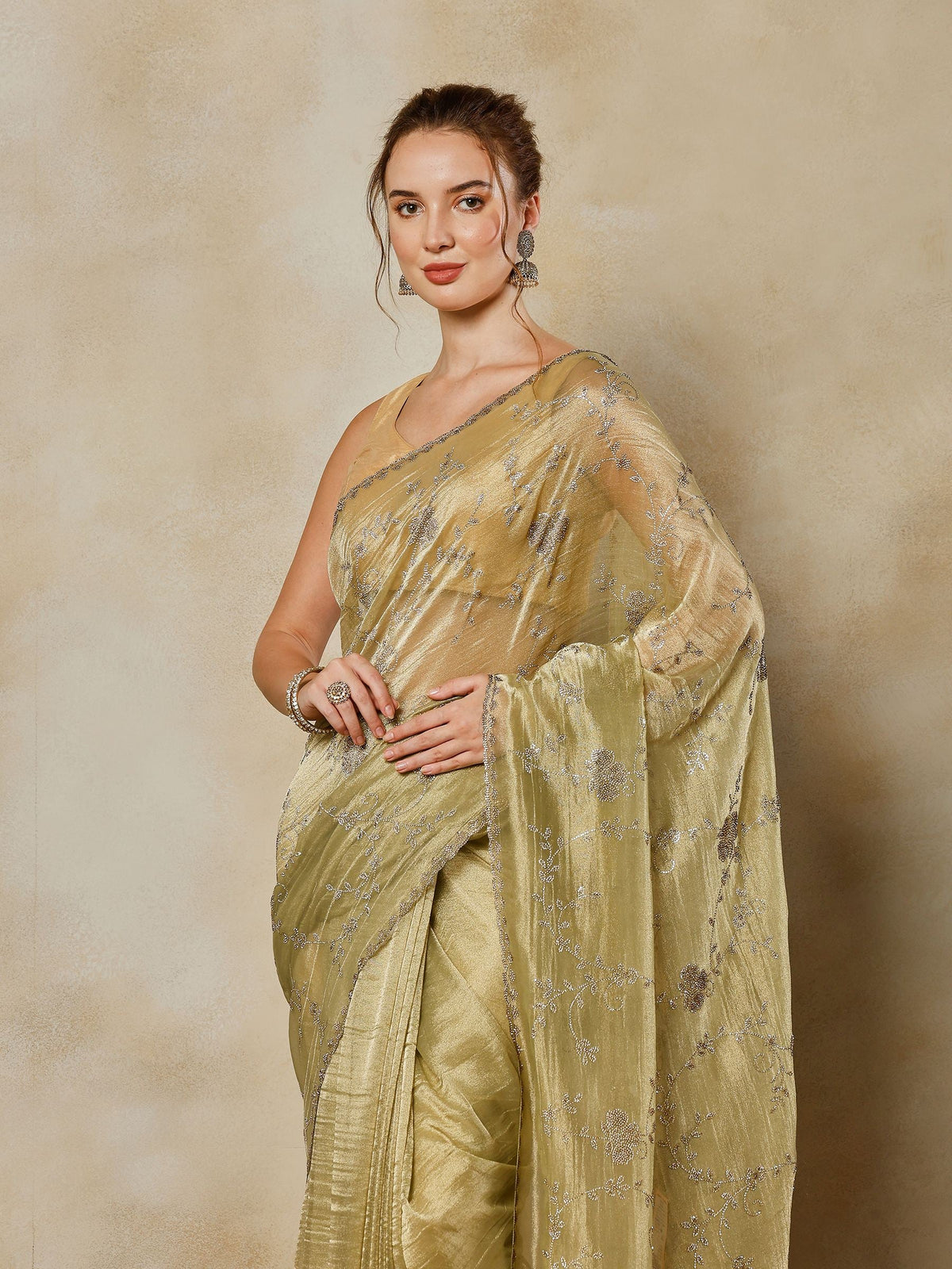 Pista Green Embroidered Tissue Saree