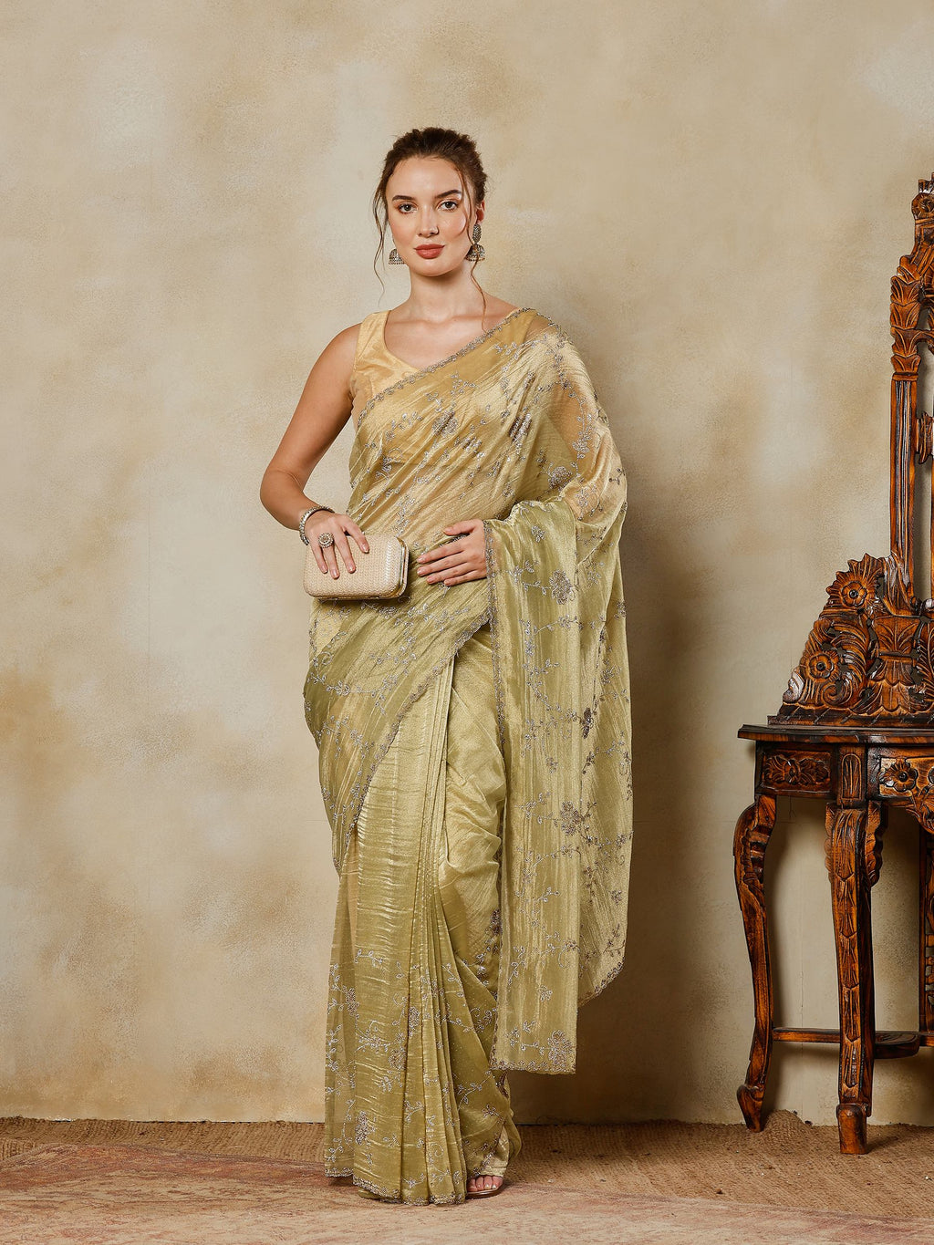 Pista Green Embroidered Tissue Saree