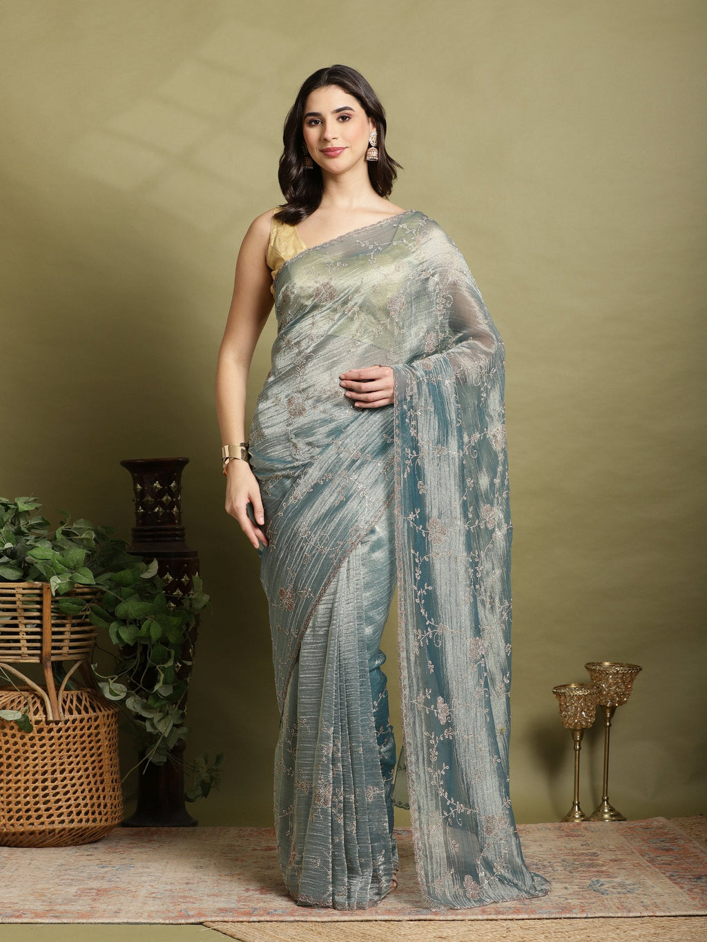 Teal Blue Embroidered Tissue Saree