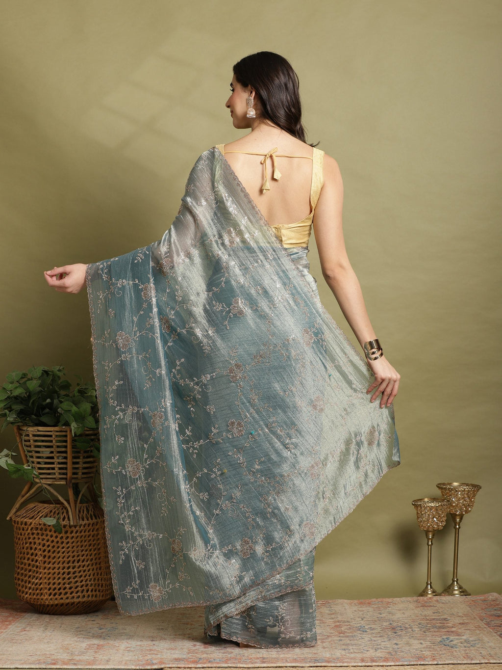 Teal Blue Embroidered Tissue Saree