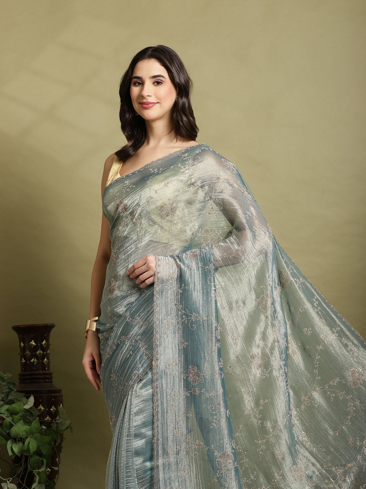 Teal Blue Embroidered Tissue Saree