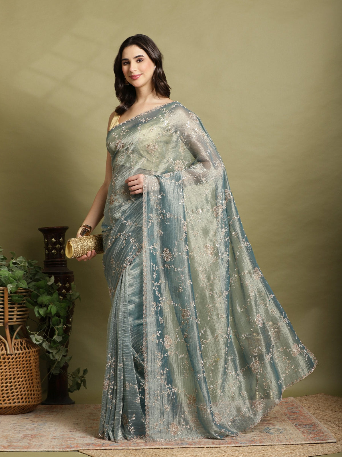 Teal Blue Embroidered Tissue Saree
