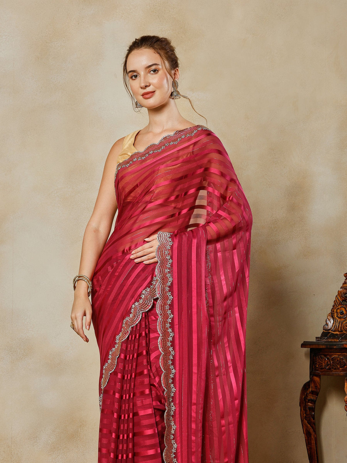 Maroon Embroidered Organza Saree
