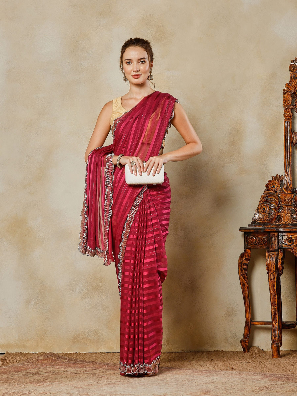 Maroon Embroidered Organza Saree