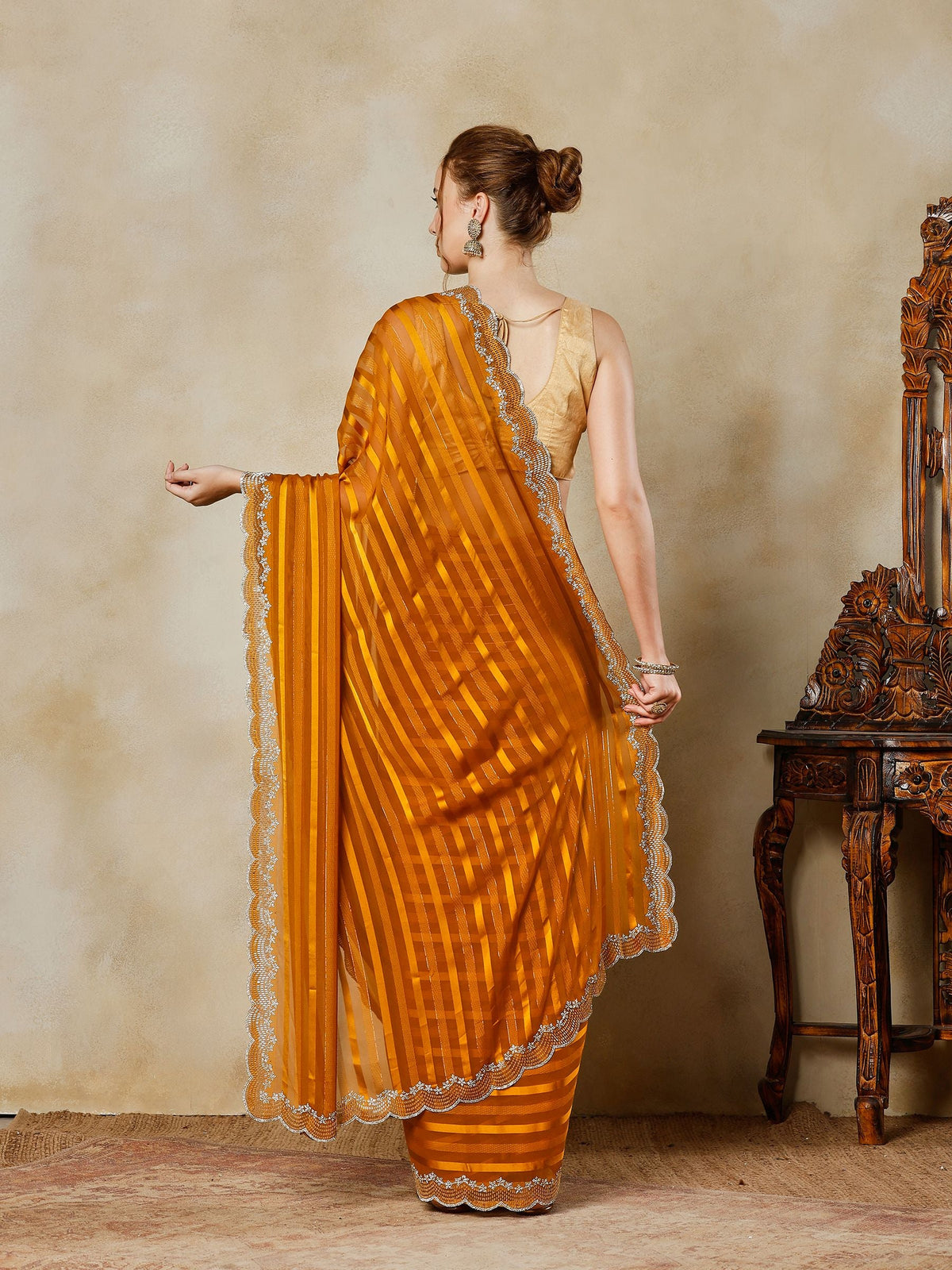 Mustard Embroidered Organza Saree