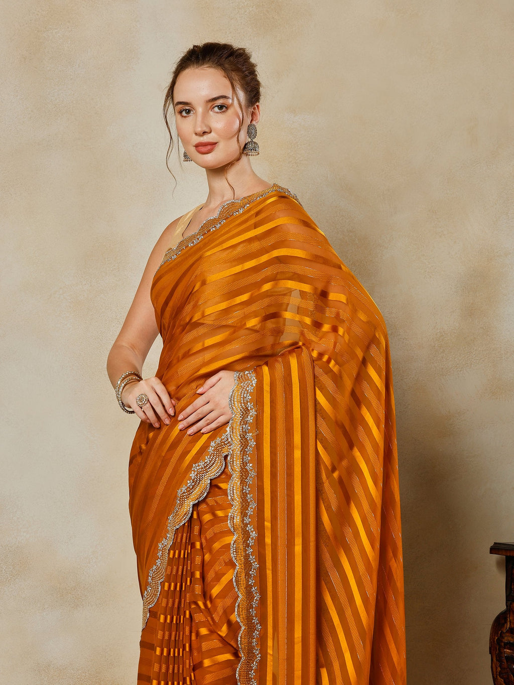 Mustard Embroidered Organza Saree