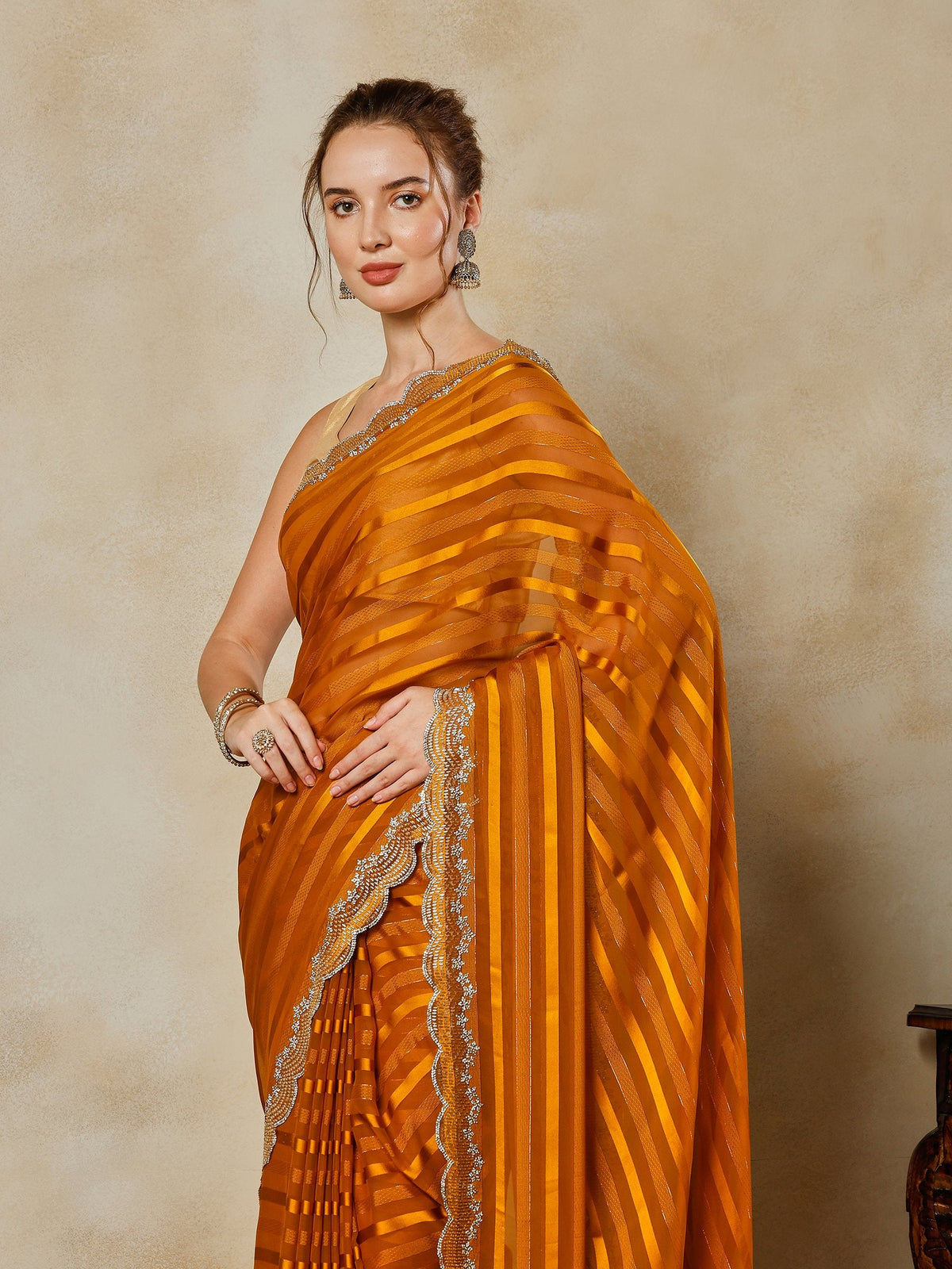 Mustard Embroidered Organza Saree