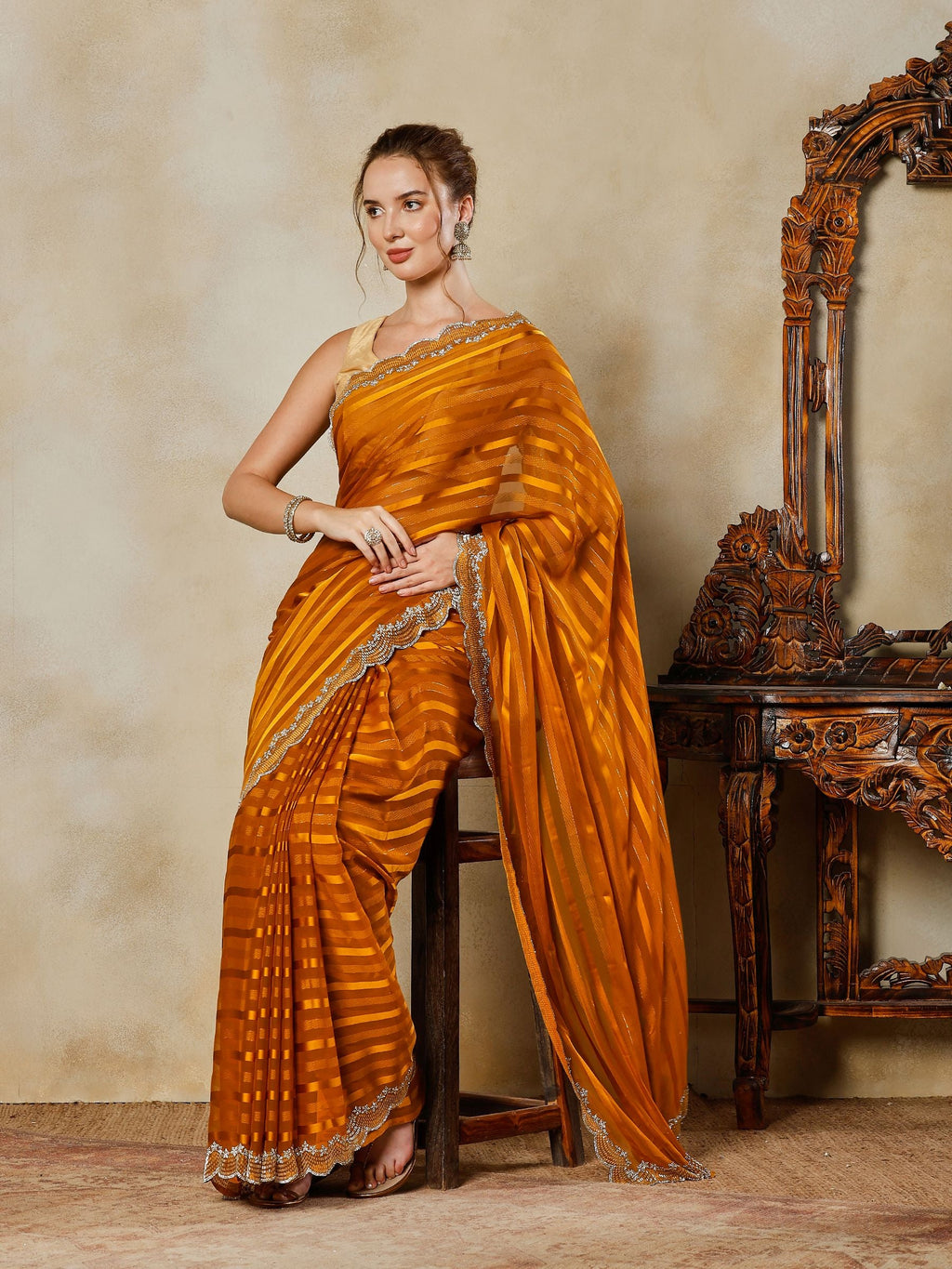 Mustard Embroidered Organza Saree