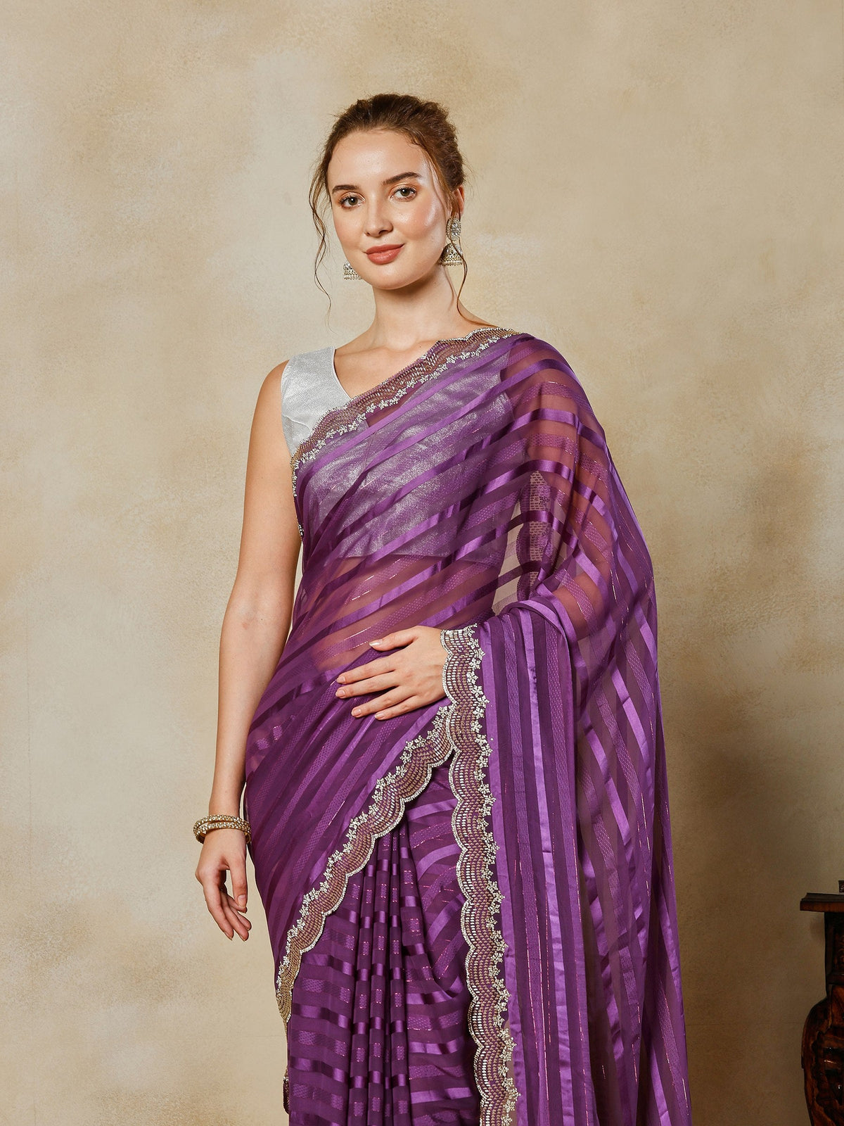 Purple Embroidered Organza Saree