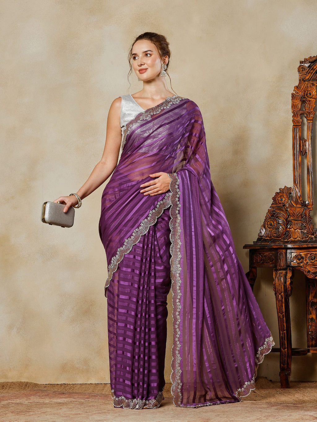 Purple Embroidered Organza Saree