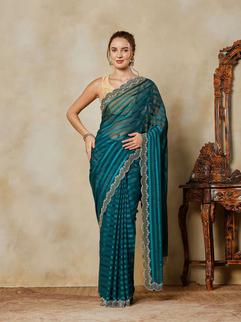 Teal Blue Embroidered Organza Saree