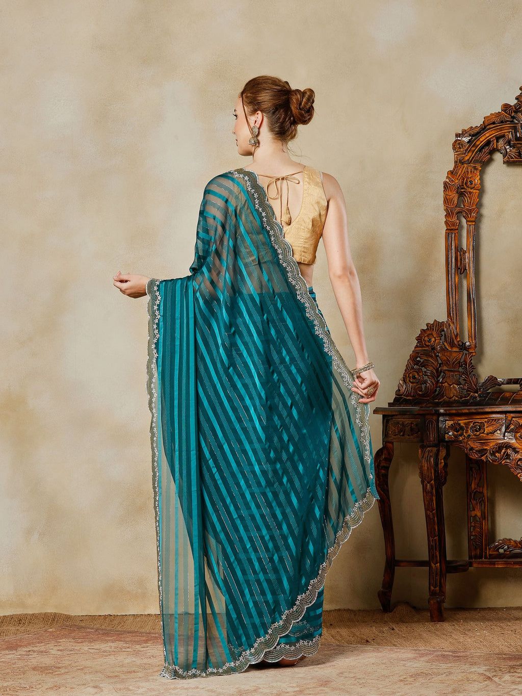 Teal Blue Embroidered Organza Saree