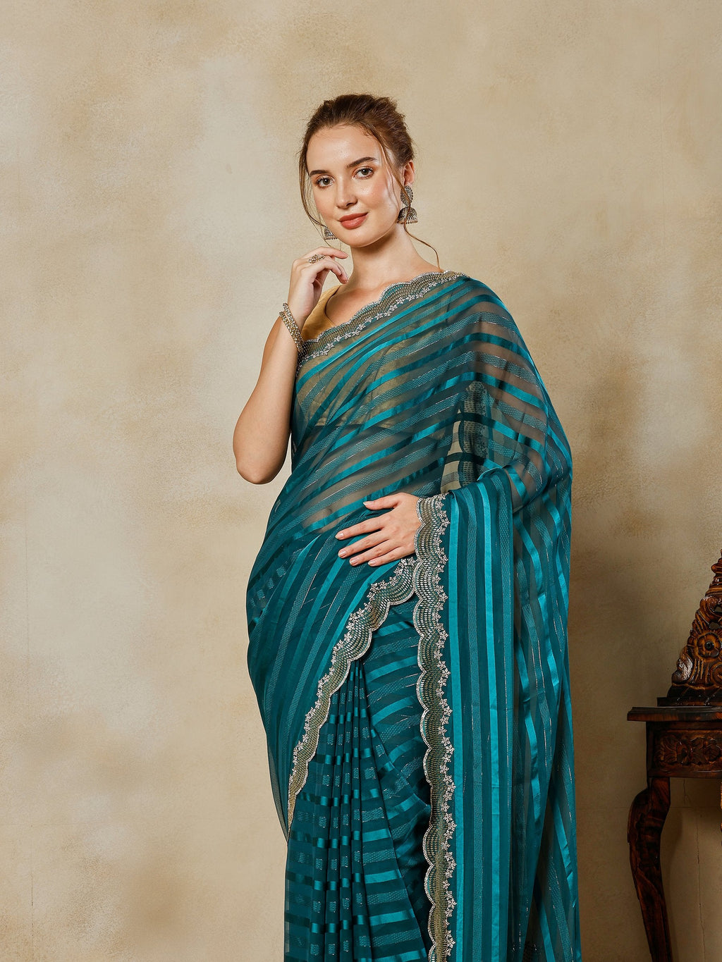 Teal Blue Embroidered Organza Saree
