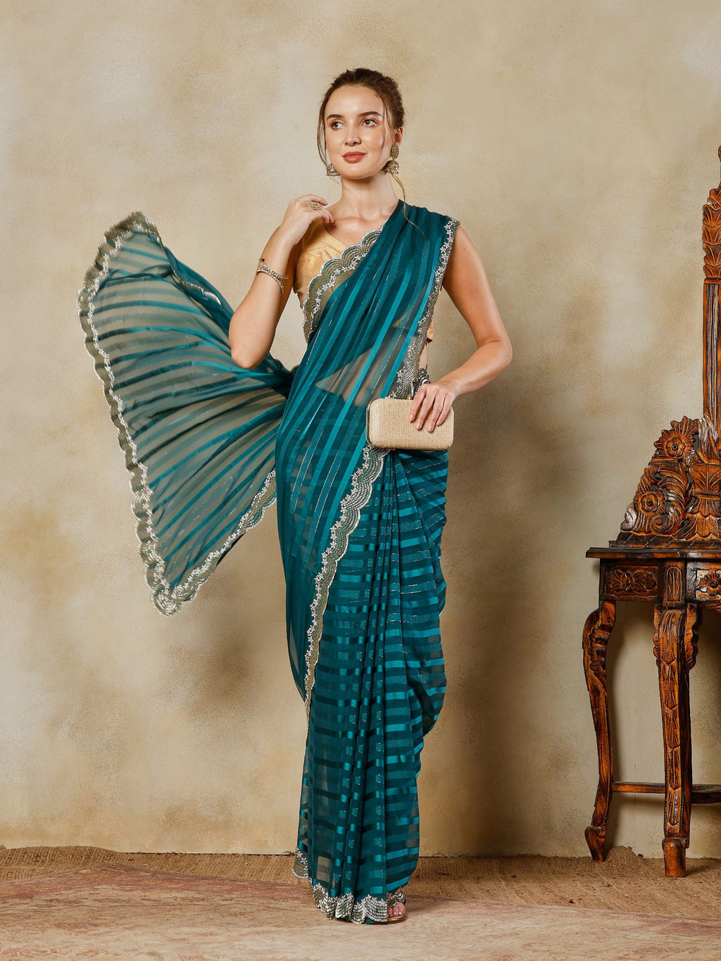 Teal Blue Embroidered Organza Saree