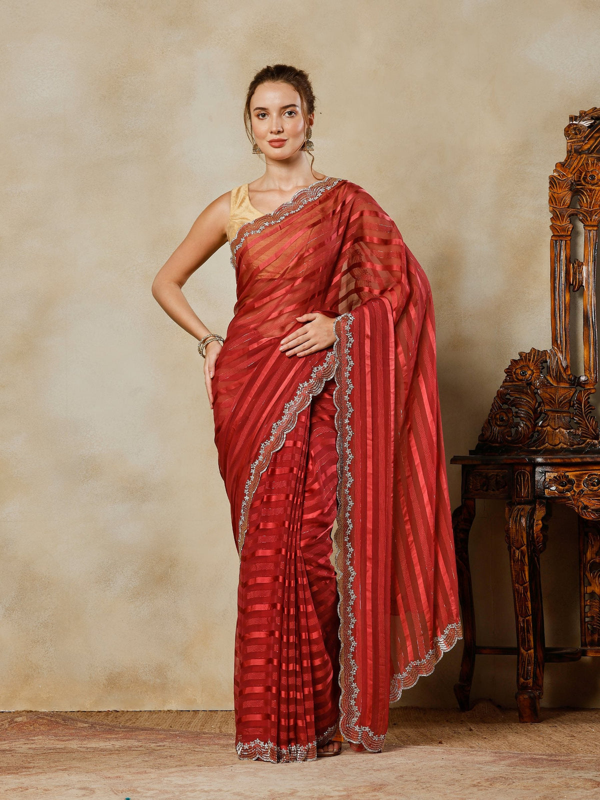 Wine Embroidered Organza Saree