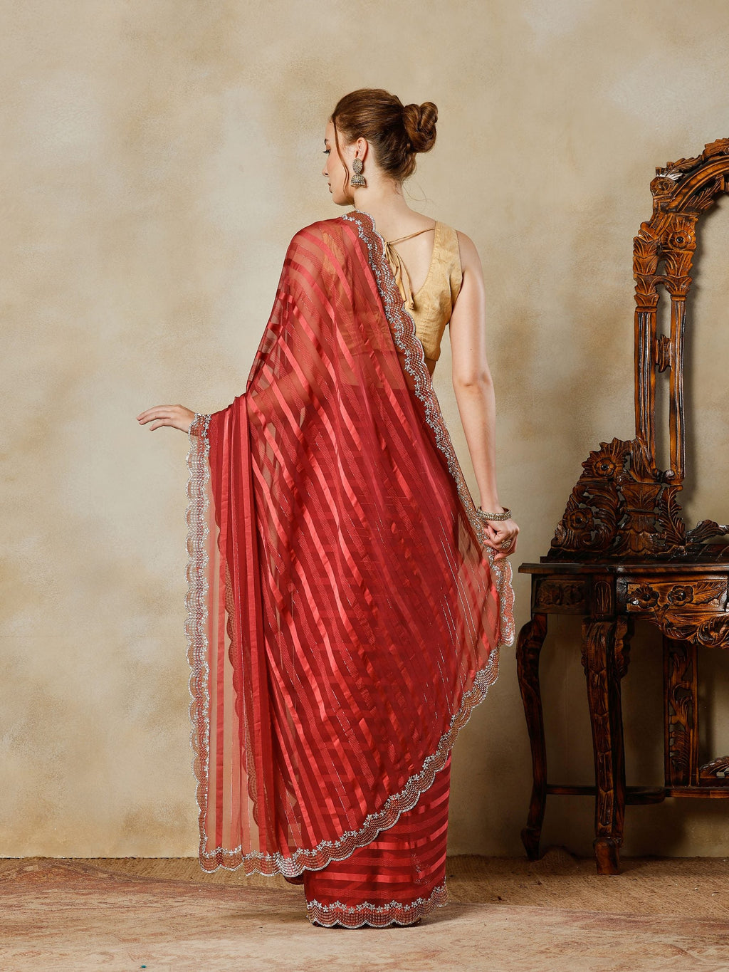 Wine Embroidered Organza Saree