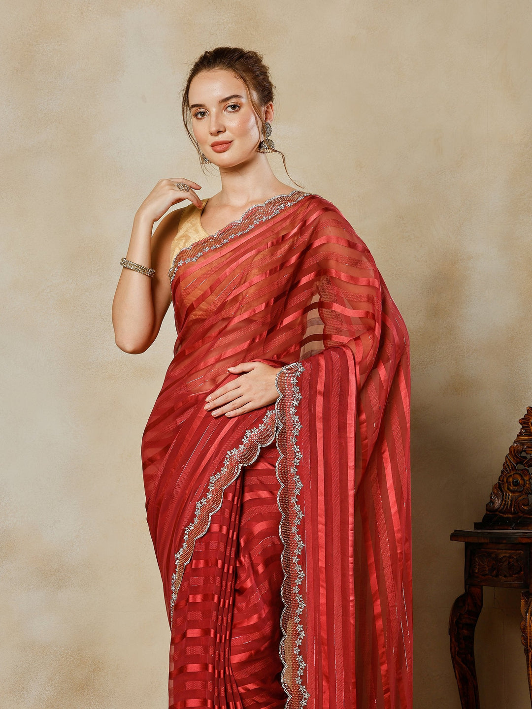 Wine Embroidered Organza Saree