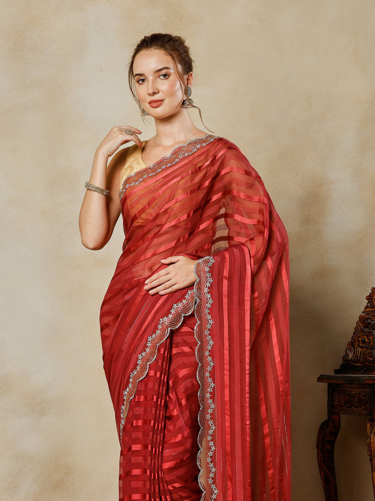 Wine Embroidered Organza Saree