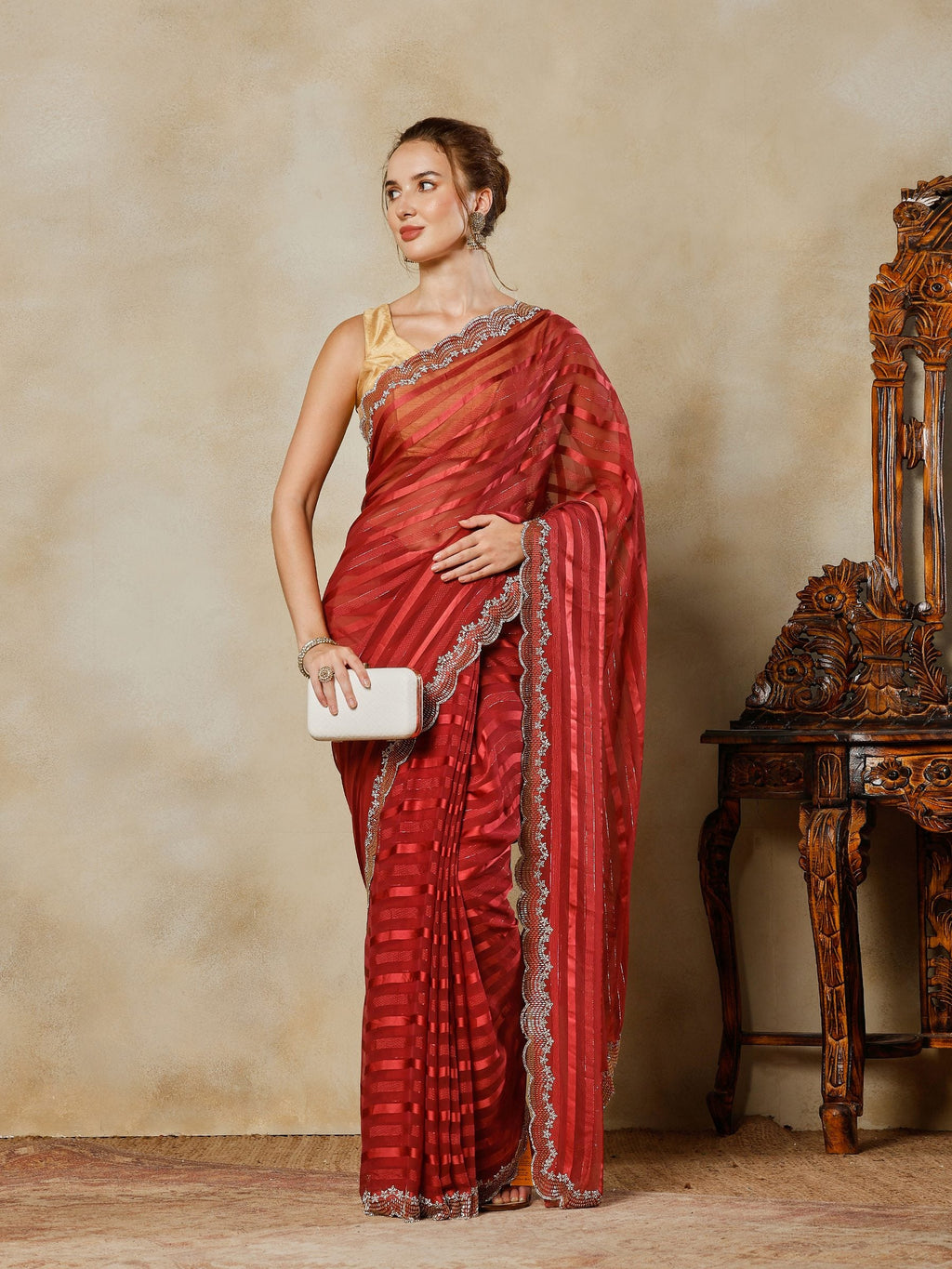 Wine Embroidered Organza Saree