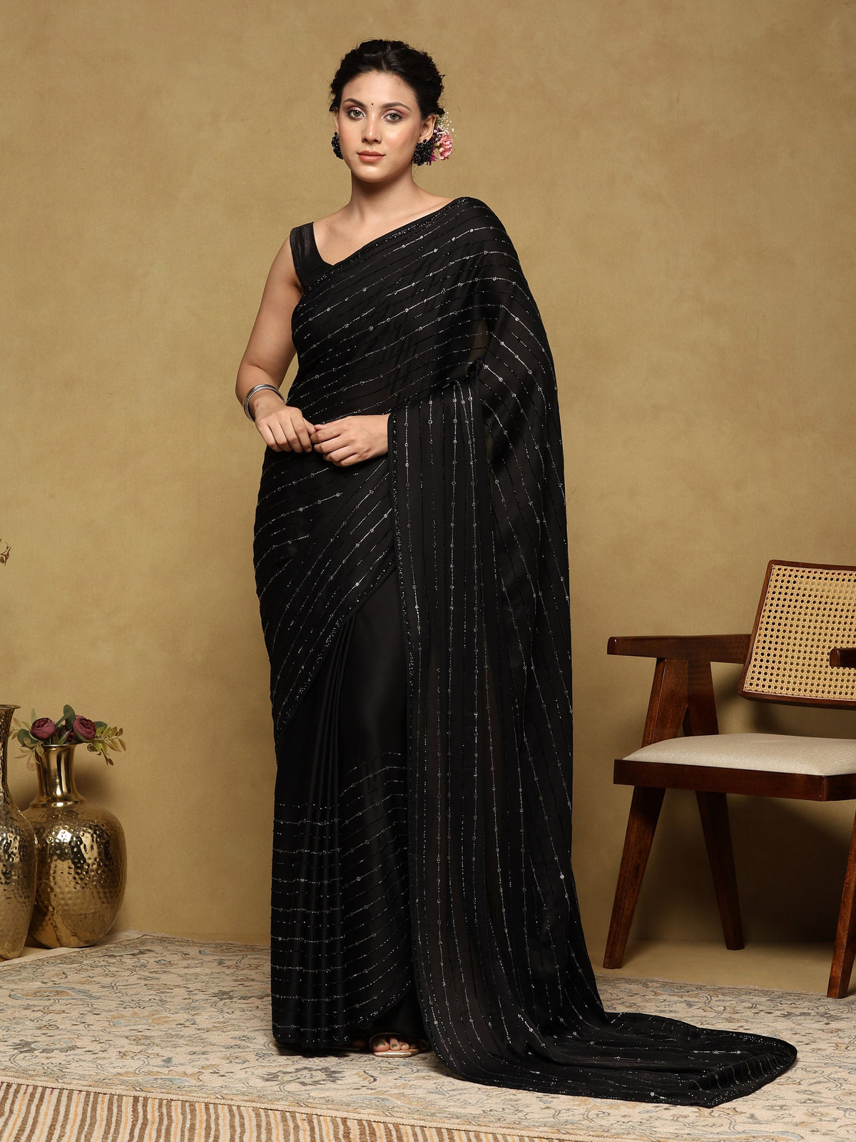 Black Printed Satin Saree