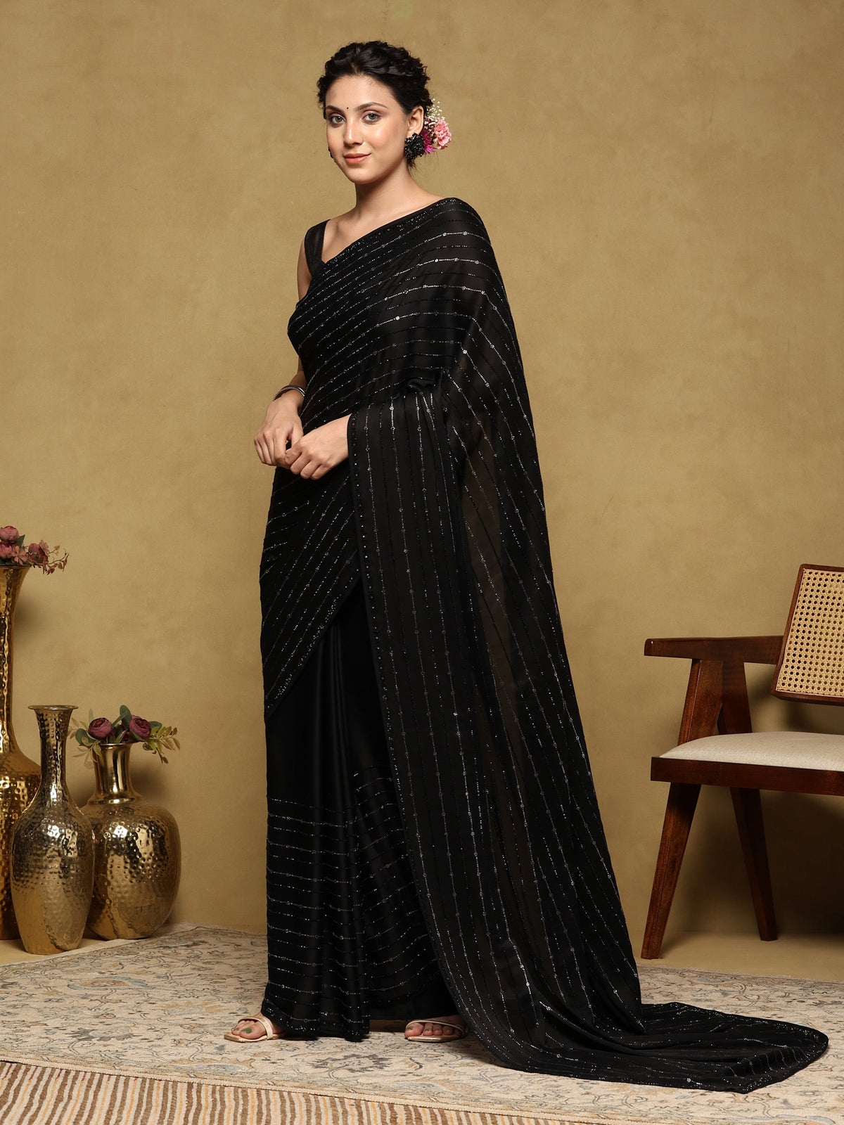 Black Printed Satin Saree