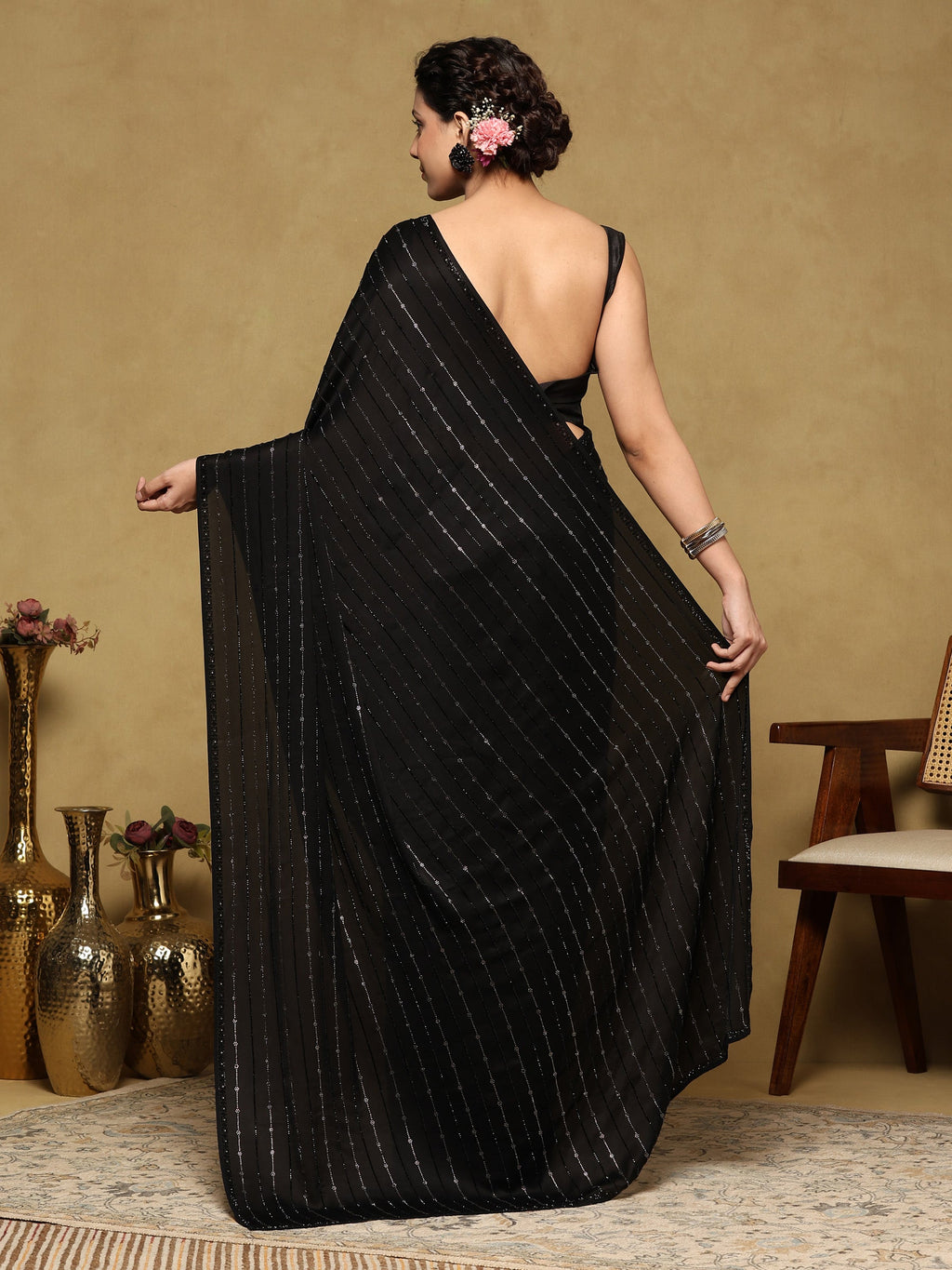 Black Printed Satin Saree