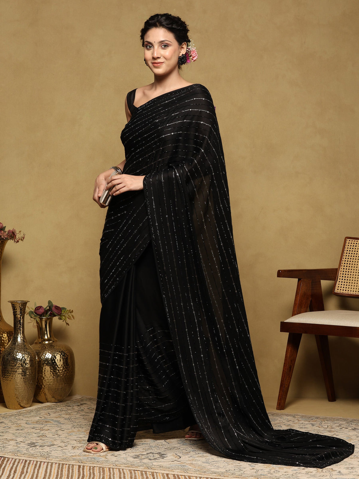 Black Printed Satin Saree
