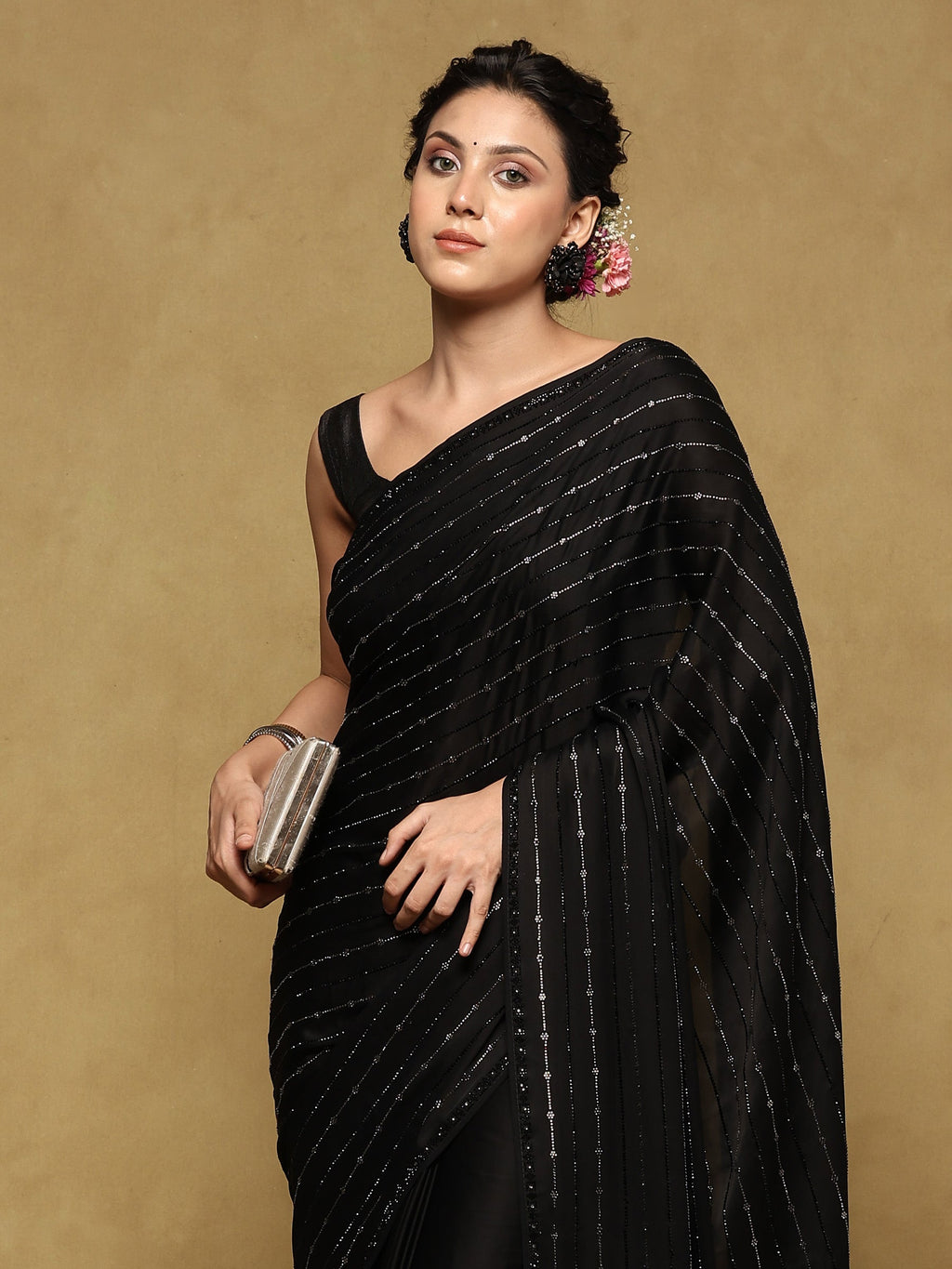 Black Printed Satin Saree