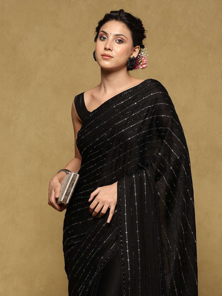 Black Printed Satin Saree