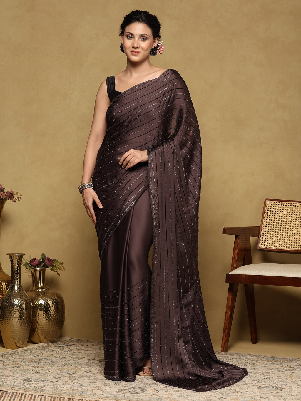 Brown Grey Printed Satin Saree