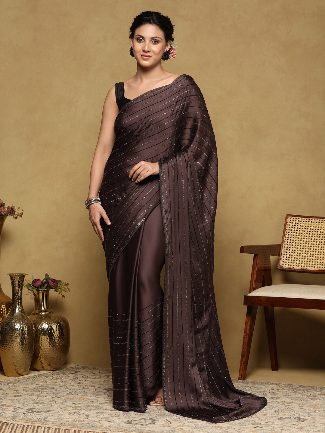 Brown Grey Printed Satin Saree