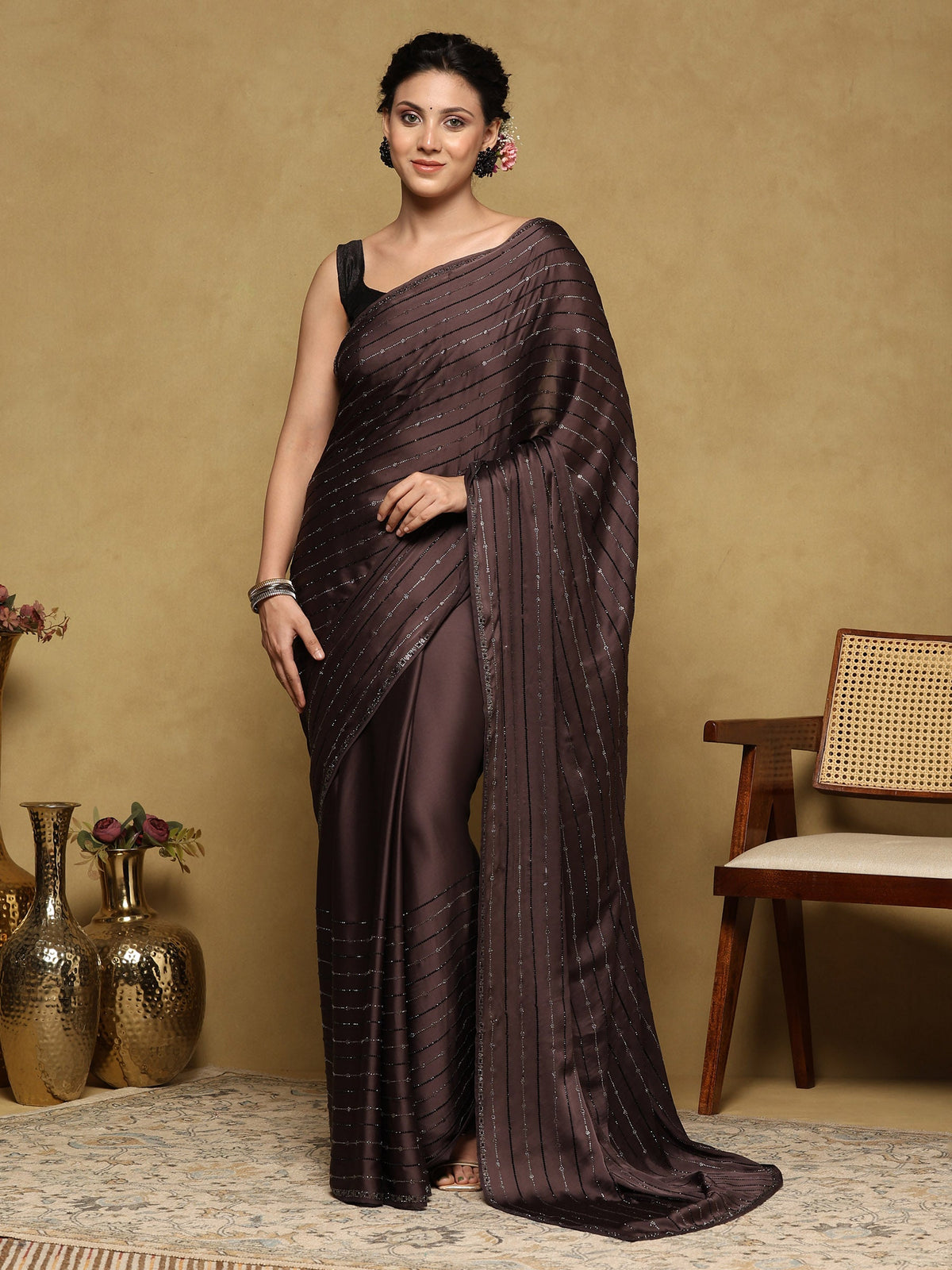 Brown Grey Printed Satin Saree