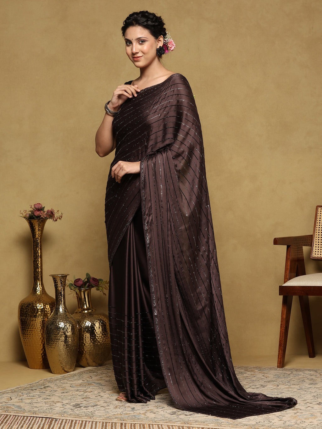 Brown Grey Printed Satin Saree