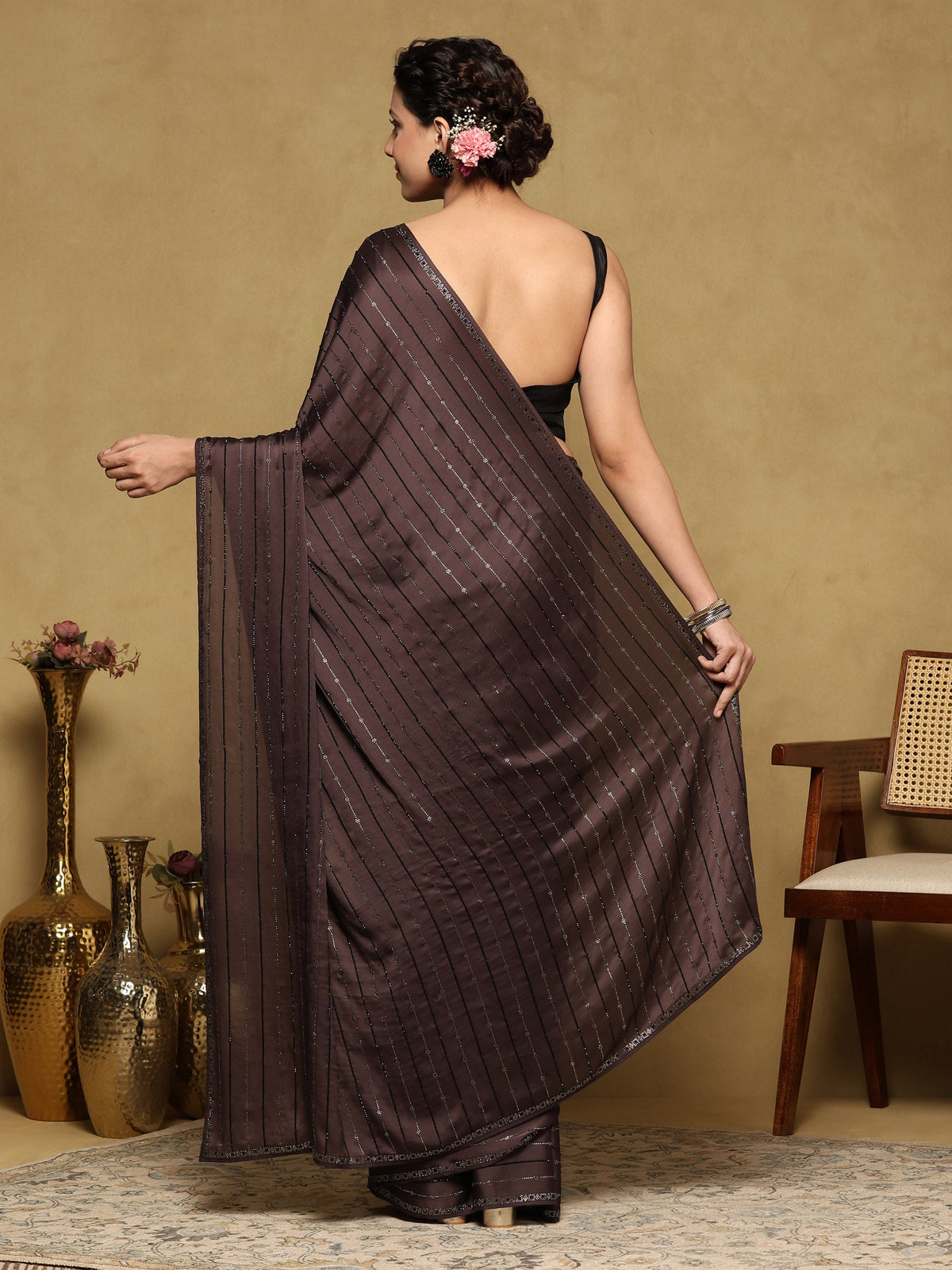 Brown Grey Printed Satin Saree