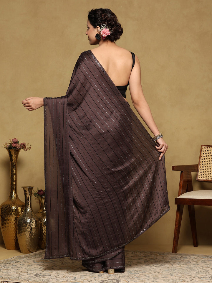 Brown Grey Printed Satin Saree