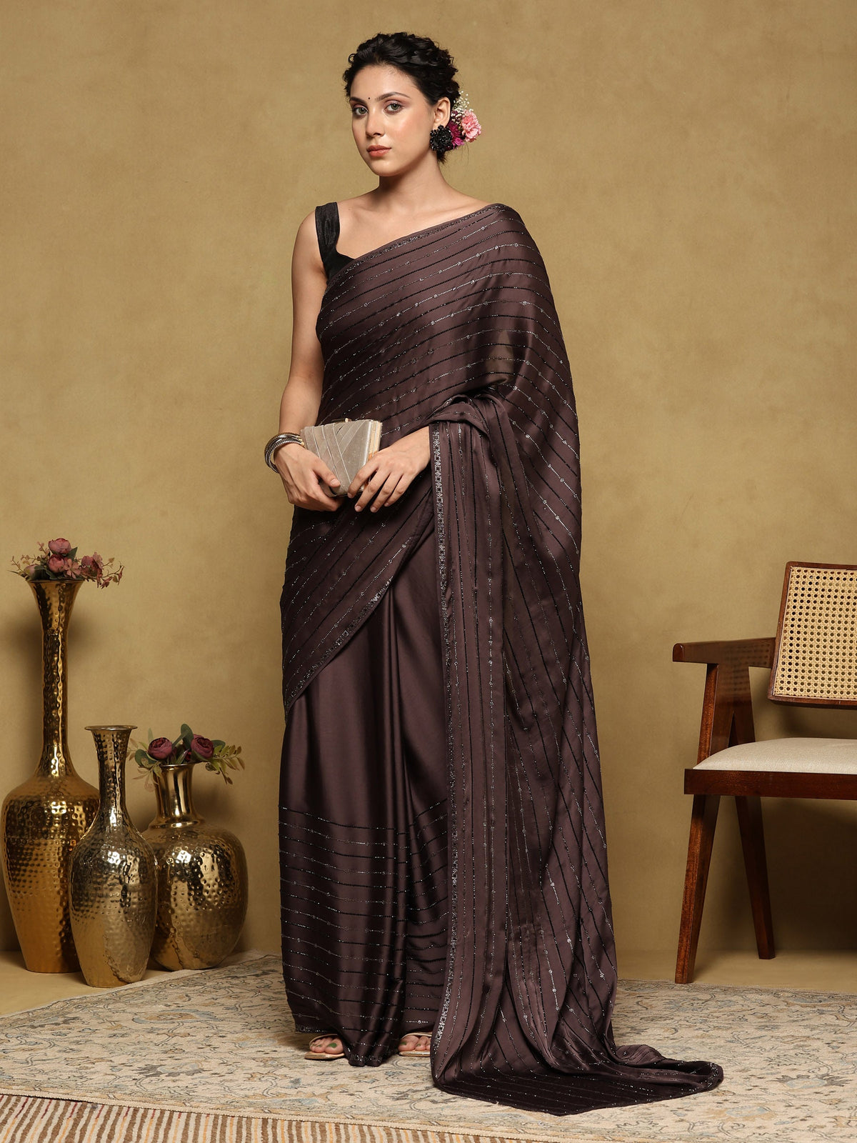 Brown Grey Printed Satin Saree