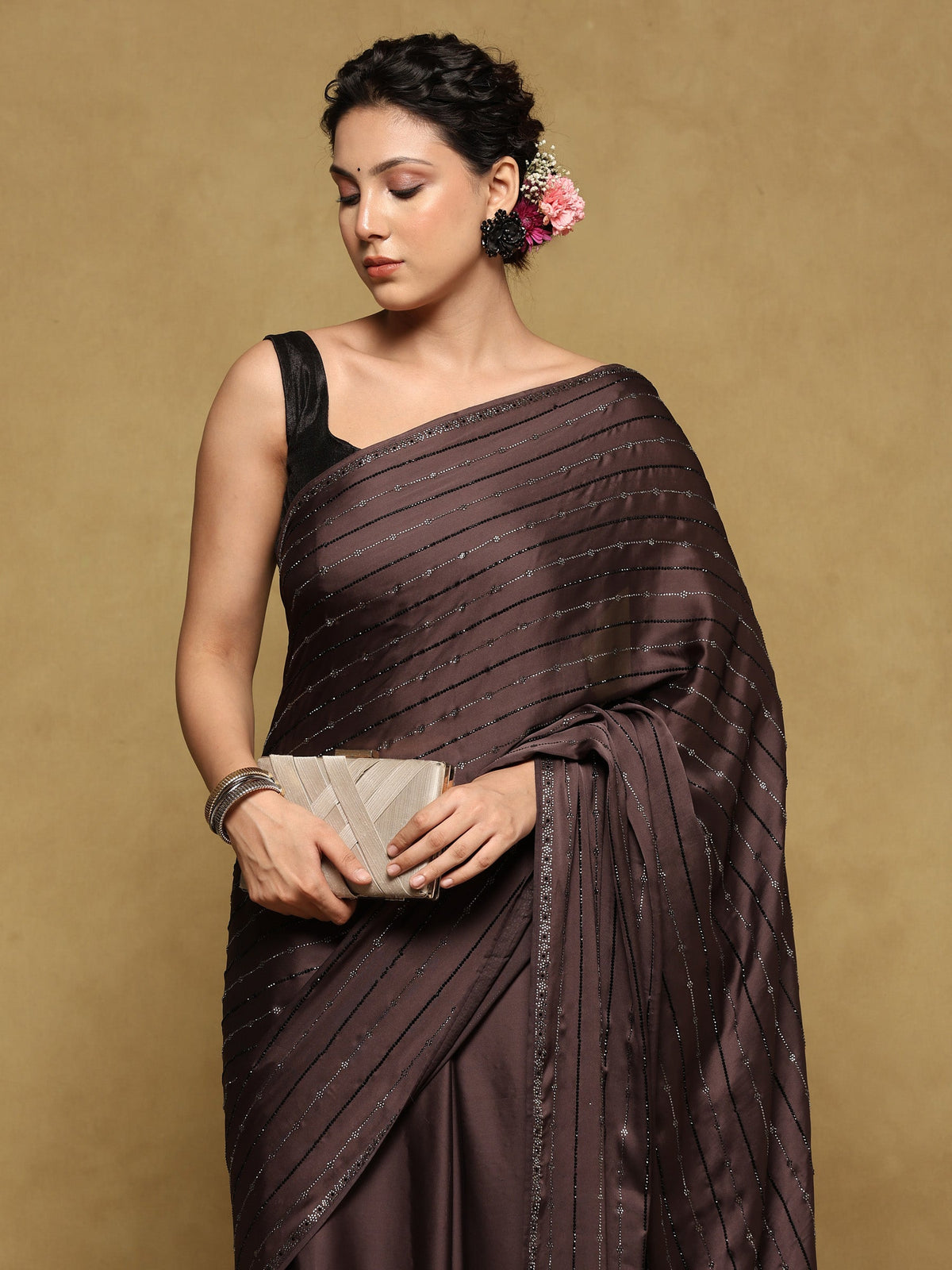 Brown Grey Printed Satin Saree