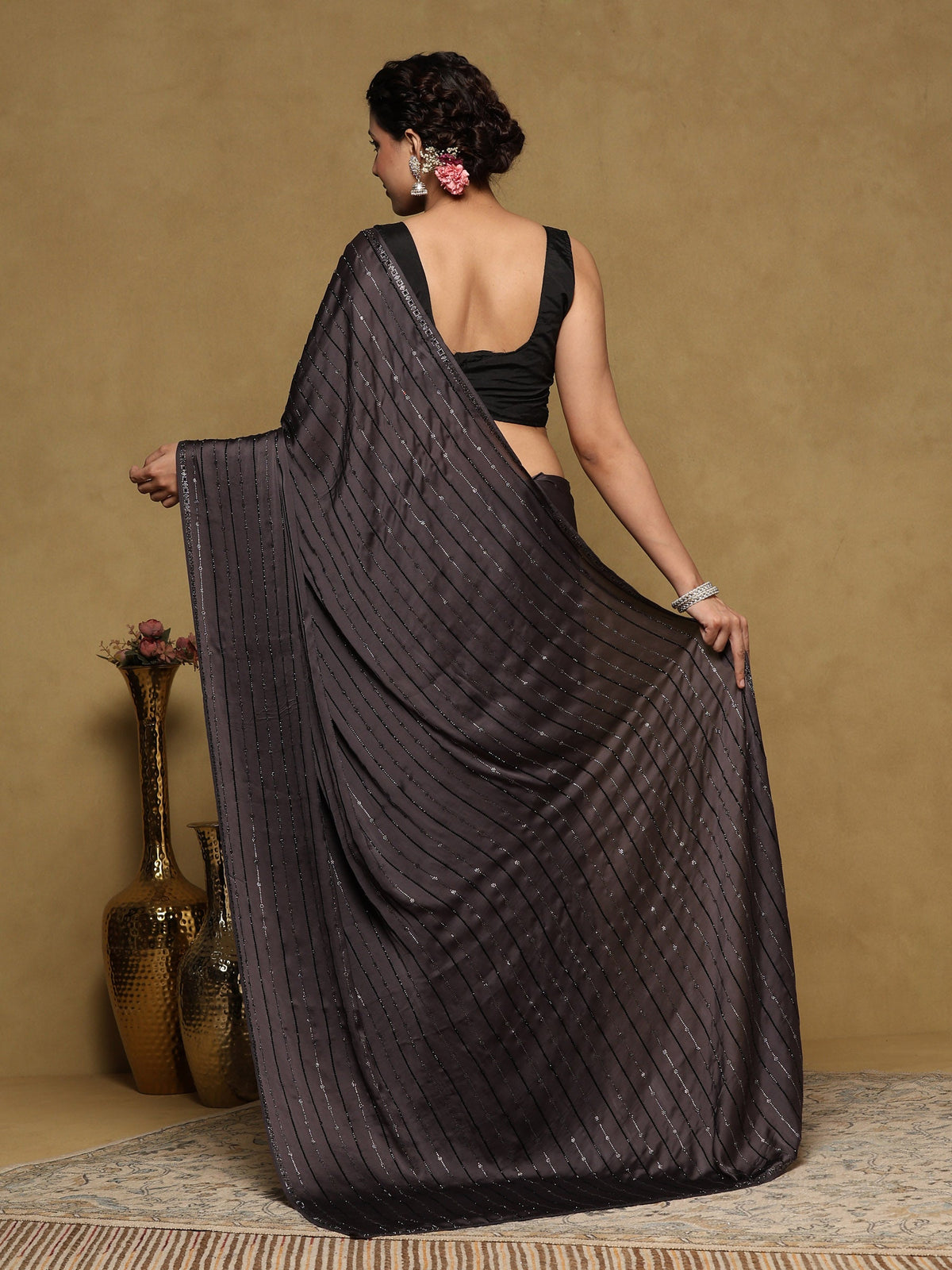 Grey Printed Satin Saree