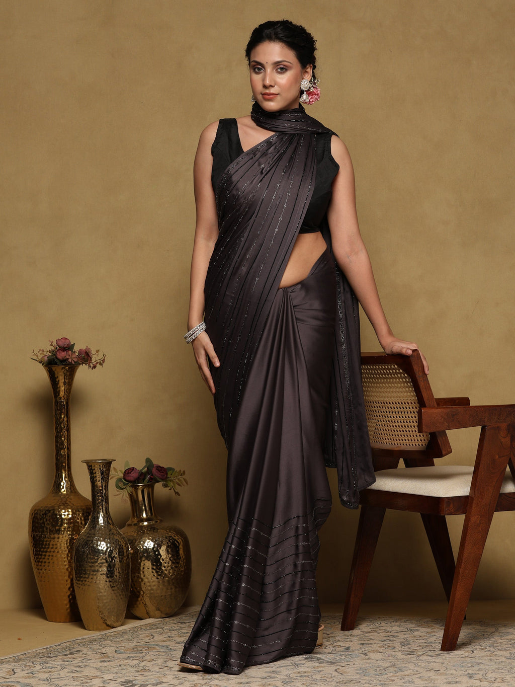 Grey Printed Satin Saree