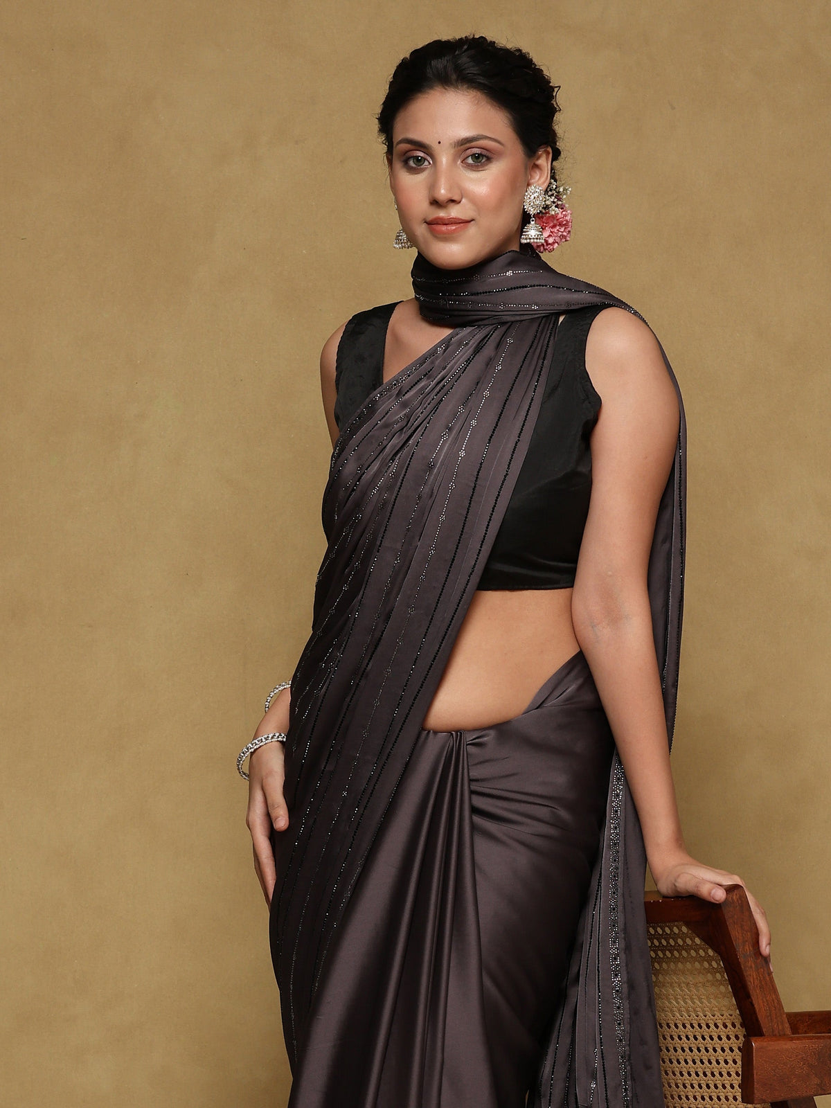 Grey Printed Satin Saree