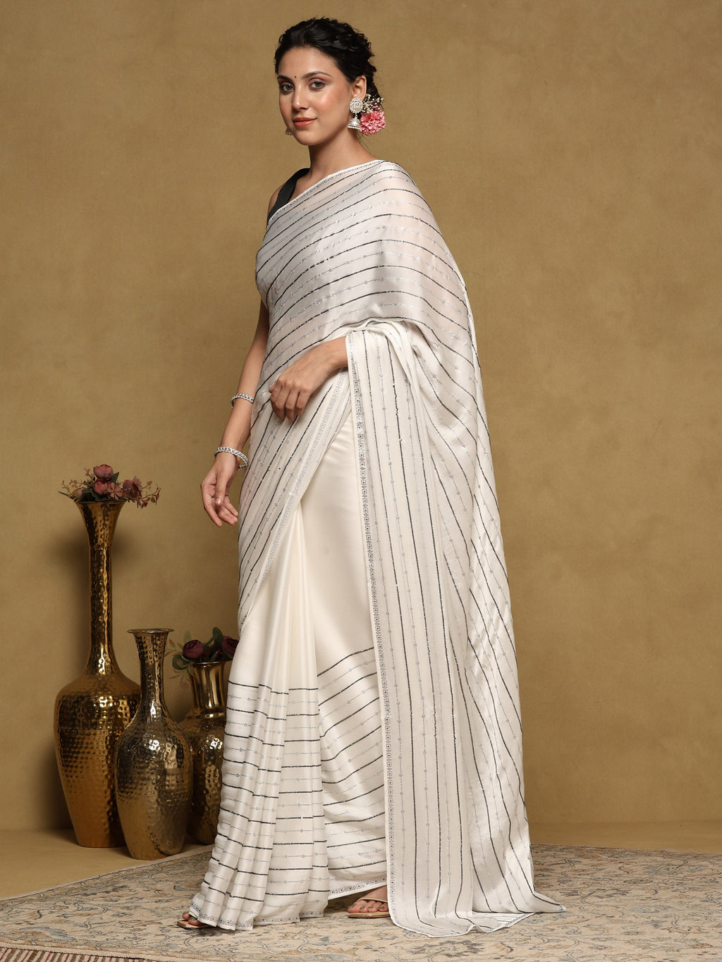 Off White Printed Satin Saree